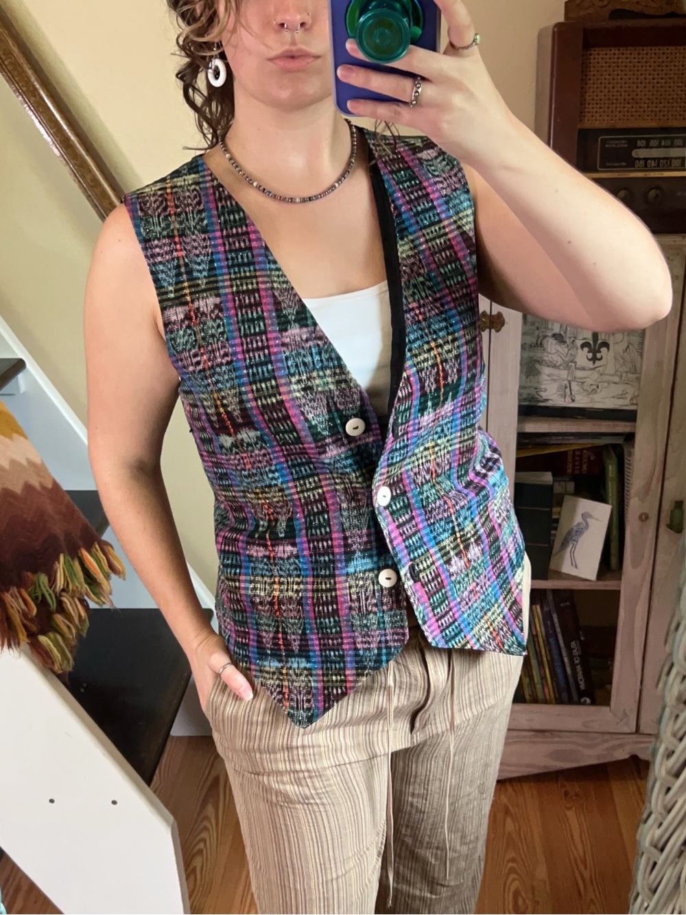 Vintage Rainbow Plaid Aztec Tapestry Button Up Vest Woven Boho Indie
